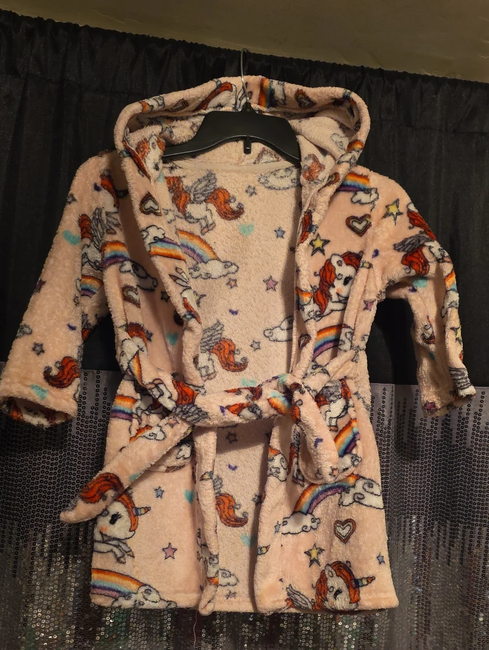 Kids Plush Unicorn Hooded Robe in Light Pink with Rainbows